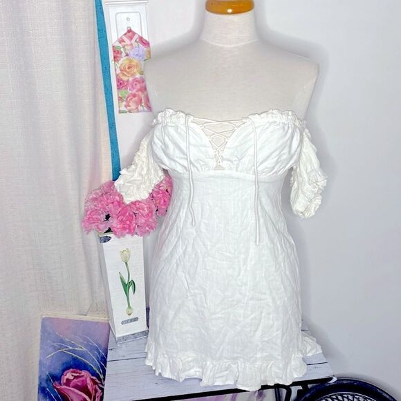 🌷 Cotton Candy LA🌷 White Linen Blend Babydoll Lace Up Dress - Picture 2 of 11